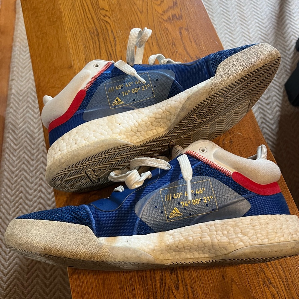 Adidas Blue and White Sneakers with Red Accents